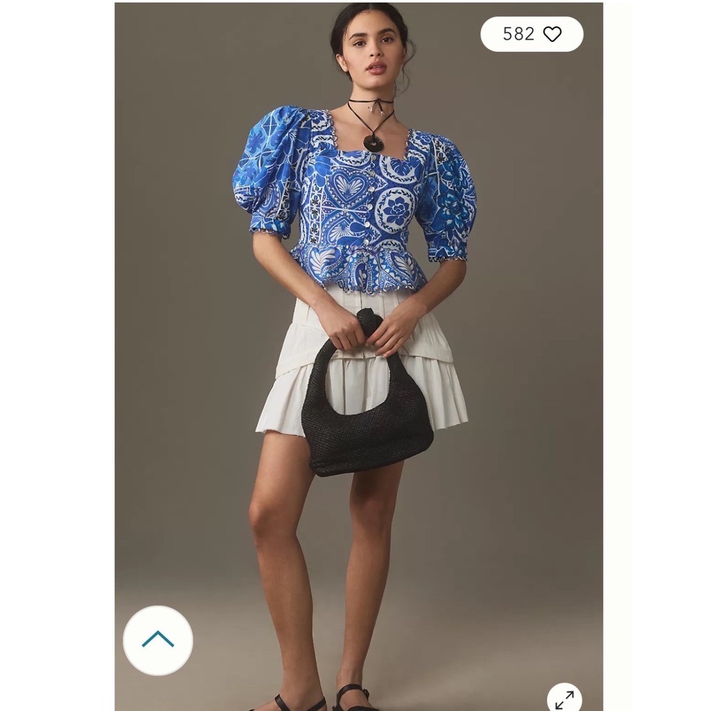 Farm Rio Blue Tiles Puff Sleeve Blouse Square Neck Ric Rac Trim Top Size L NWT